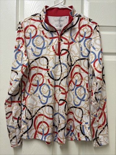 San Soleil Top Women’s 1/4 Zip SolCool Rope Chains Print Mesh UV 50+ Sz L EUC - Picture 1 of 6