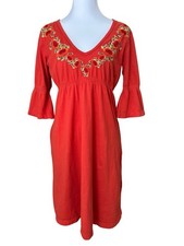 Johnny Was JWLA Embroidered Dress Sz M Orange Tropical Bird Knit Resort Beach