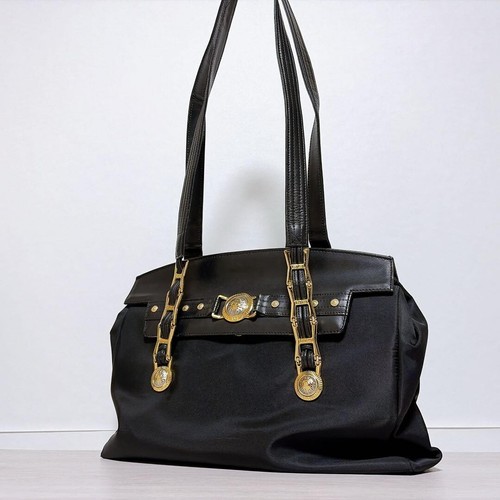 Gianni Versace Black Leather Sunburst Logo Tote Bag Vintage Shoulder Auth