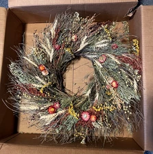 BEAUTIFUL Summer Fall Natural Dried Flower Wheat Wreath 22" EXCELLENT