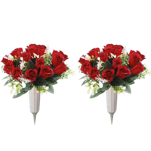 2Pcs Artificial Cemetery Flowers for Grave Silk Memorial Red Rose Flowers Out...