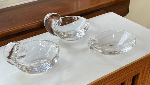 2 Signed Steuben Snail or Volute Olive Dishes  & 1 Signed Steuben Ashtray MCM