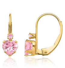 14K Solid Yellow Gold Pink CZ Heart Dangle Earrings
