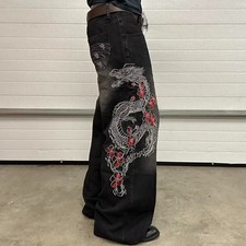 Mens Dragon Embroidered Baggy Jeans Black Wash Wide Leg Y2K 34x32