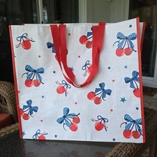 Cherry Red White Blue Shopping Gift Bag Reusable Large Tote Summer USA July 4th