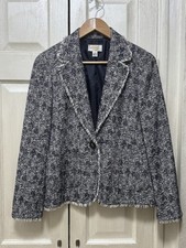 Talbots Women Size 4 Navy Blue/White Boucle Tweed Fringe One Button Blazer