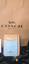 Coach Leather Logo Zip ID/Document Holder w/ Chain, Blue/Beige
