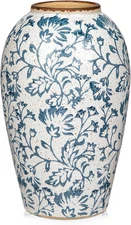 Rustic Blue Floral Glazed Ceramic Table Vase for Farmhouse Kitchen Decoration