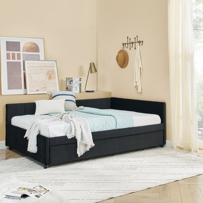 Full Size Daybed Velvet Upholstered Bed Frame Sofa Bed w/ Pull-Out Trundle Black