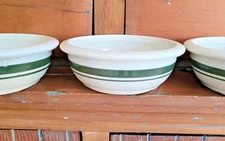 3 Green Stripe 6.5” Pottery Cereal Bowls  USA Roseville Ohio Farmhouse Decor