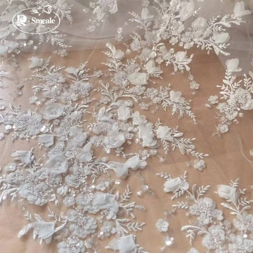 OFF WHITE Abito da sposa 3D chiffon fiori perline paillettes tessuto pizzo ricamato lucido