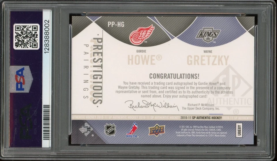 2010-11 SP Authentic Prestigious Pairings Wayne Gretzky/Gordie Howe 41/50 PSA 9 - Image 2 of 2