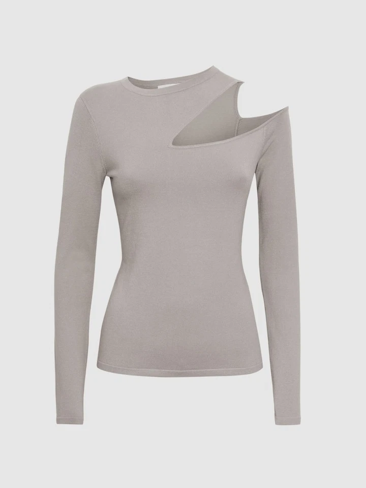 REISS Lucille Fitted Cut-Out Long Sleeve Top in Stone Size L (UK Size 14) - Image 4 of 4