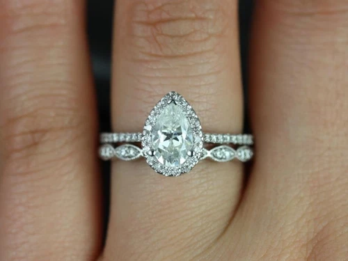 2.35ct White Pear Moissanite Halo Engagement Ring Set 925 Sterling Silver