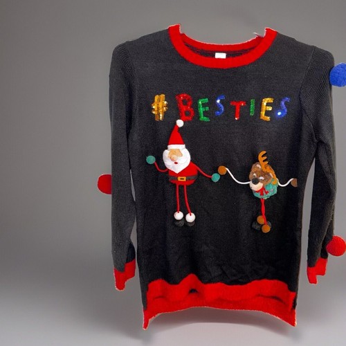 Holiday Time #Besties Ugly Christmas Sweater - Santa & Reindeer Fun, Size 14,