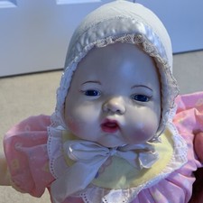 Vintage Satin Ribbon Lace Baby Bonnet Doll Hat Cap Ruffled Off White Padded