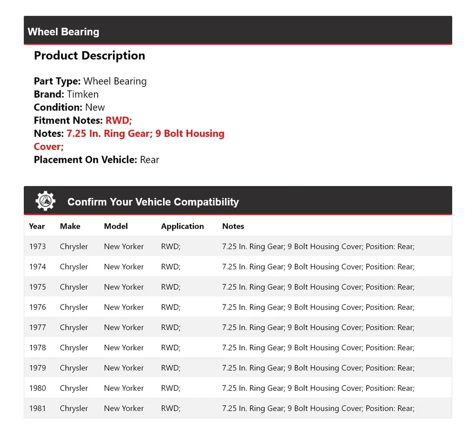 Cojinete de rueda trasero Timken 1974 1975 1976 para Chrysler New Yorker 1973-1981 tracción trasera Foto 2 de 4