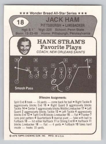 Wonder Bread 1976 Jack Ham 18 Steelers Topps Pittsburgh Hof Football Card - Picture 4 of 6