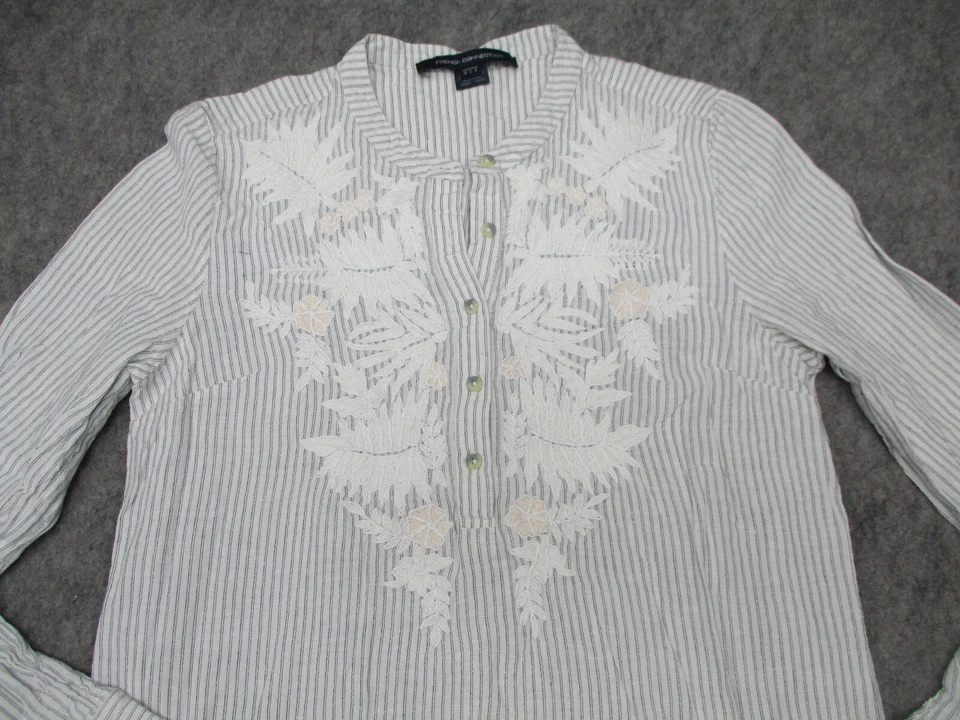 French Connection Shirt Womens 6 White Striped Top Blouse Floral Embroidered - Image 2 of 4