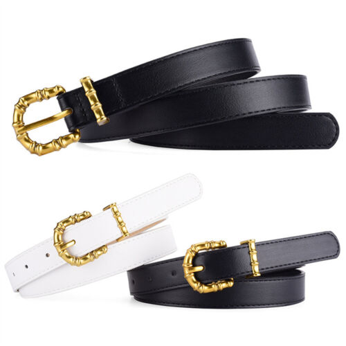 Women Solid Metal Gold Round Buckle Faux Leather Slim Belt Dress Jeans Waistband - Picture 2 of 13