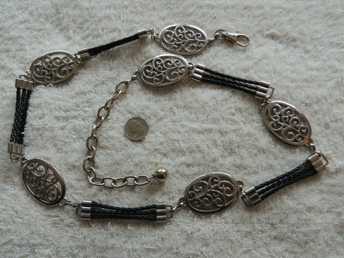 VTG BRIGHTON Black Belt w/Silver Tone Hardware & Chain Link  display picture 1