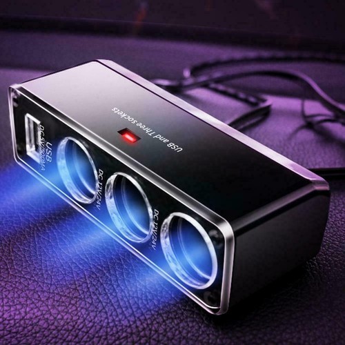 Three Port Multi Socket Car Cigarette Lighter Splitter Charger Adapter USB V1T6 - Zdjęcie 3 z 13