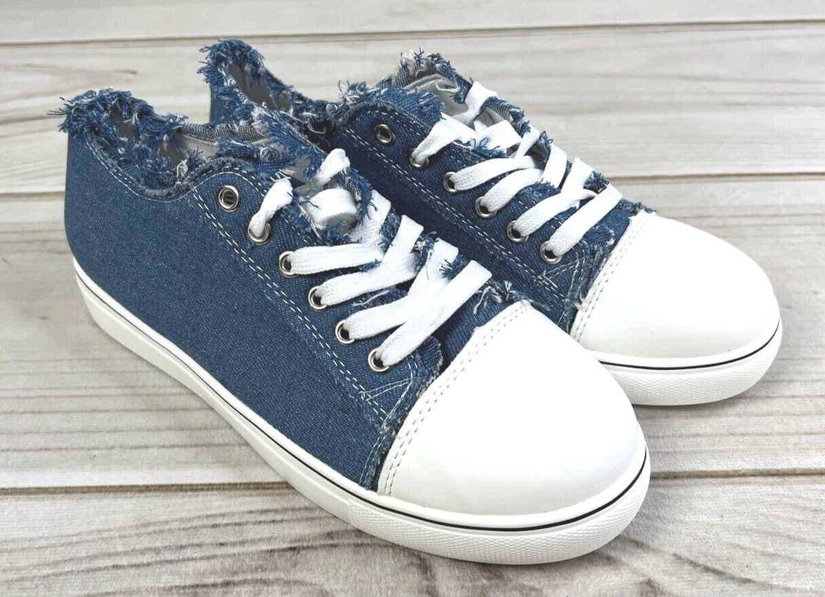 New Women's Blue Denim Frayed Low Top Fashion Sneakers Shoes Stretch Back  A0307