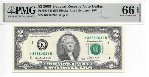 2009 Dallas $2 FRN Lucky Money KB Block PMG 66 EPQ Gem Uncirculated (K8888xxxxB) - Picture 3 of 6