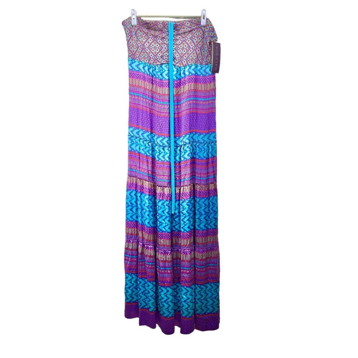 Hale Bob Alira Silk Halter Top Tiered Maxi Dress w/ Draw String Strap Size  Med