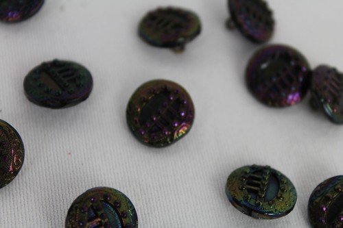 12 Small Antique Black Glass Button with Luster Hammered Texture Faux Cut Steels - Picture 5 of 5