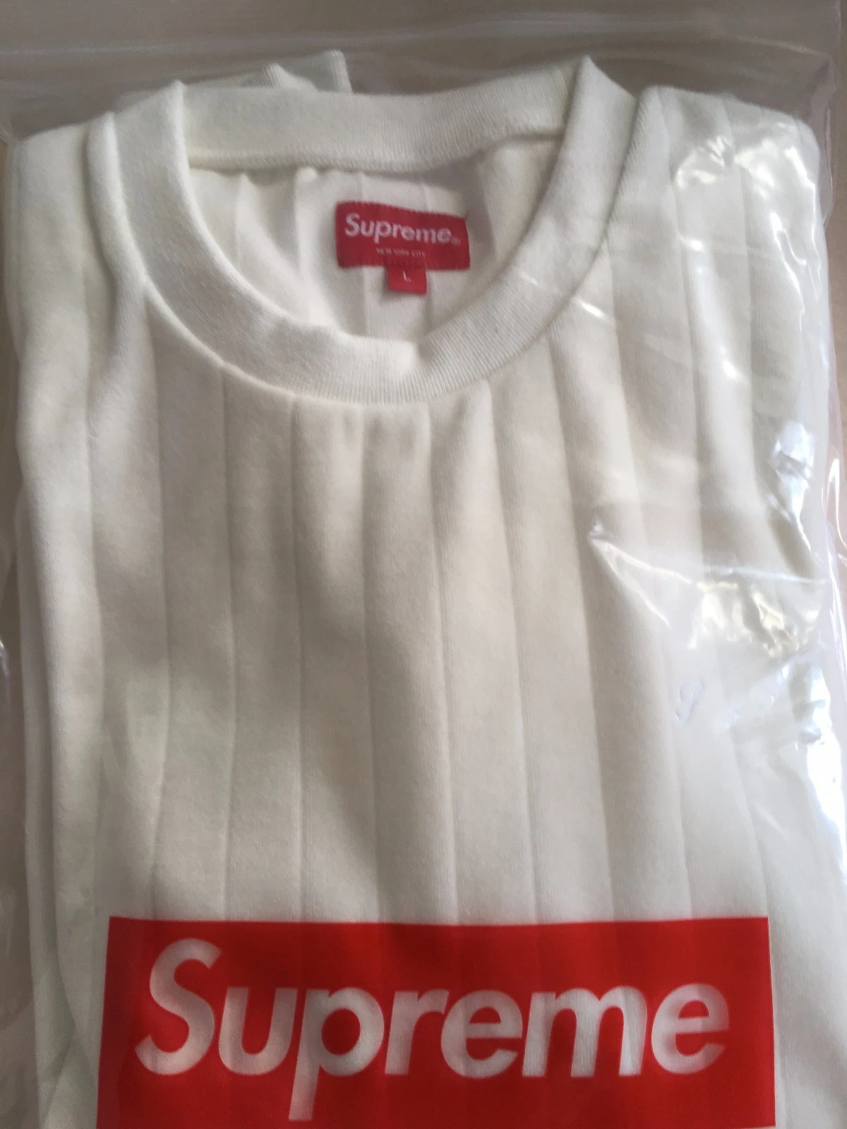 SUPREME girocollo in velluto a costine bianco grande FW2017 nuovo + mai indossato