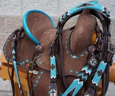 10", 12" Western Barrel Show Saddle Turq Buck Stitch Full Horse HSBP BEADED 4pc