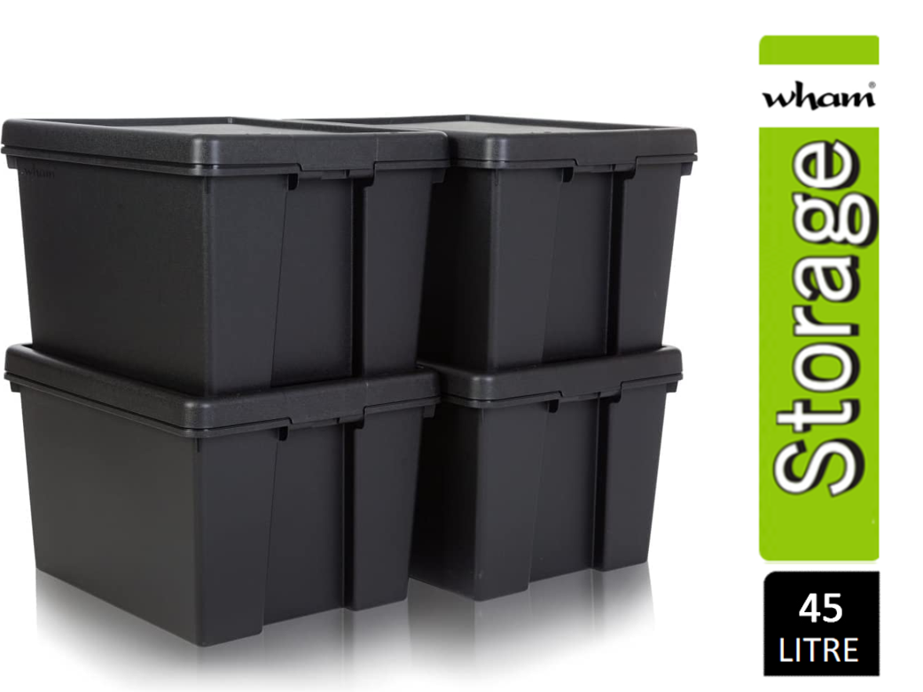Wham Bam Extra Strong recycled Storage Boxes/Lids 45L Black. Stackable