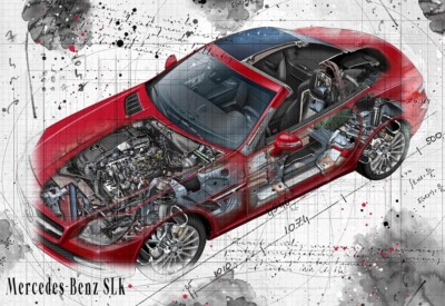 Line Tech Zeichnung Mercedes Benz SLK Cutaway Kunst Posterdruck