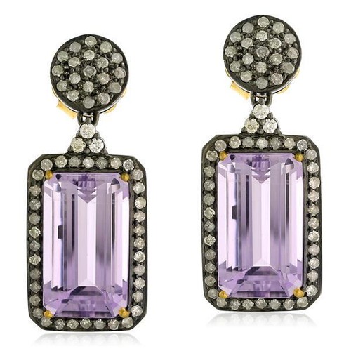 Boucles D'Oreilles Or Jaune 18K Avec Améthyste Cushion Et Perles - Neuf Avec Étiquettes
