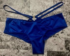 VICTORIA'S SECRET BLUE SATIN SMOOTH LACE STRAPPY GOLD HARDWARE CHEEKY PANTIES
