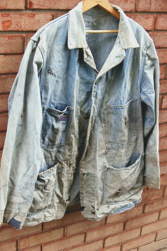 Chaqueta de granero Osh Kosh L azul sanforizado jean golpeado tarea destruida denim para hombre - Imagen 5 de 12