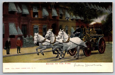 Three White Horses Pulling Fire Engine Wagon Ill Post Card Co C1905 Postcard M6