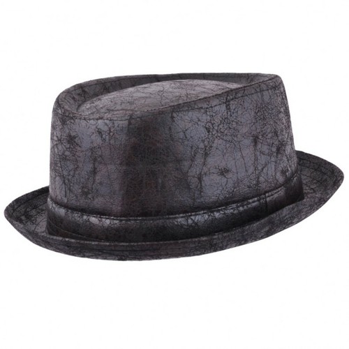 NEW PORK PIE CRACKED DISTRESSED VINTAGE LEATHER LOOK BLACK OR BROWN TRILBY HAT - Picture 5 of 6