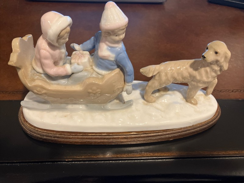 Meico Porcelain Kids Sleigh Ride with Dog on Wood Base Christmas Decor