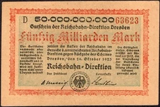50 Milliarden (Billion) Mark 1923 - Dresden Reichsbahn -Series: D 63623 -VF-#D37