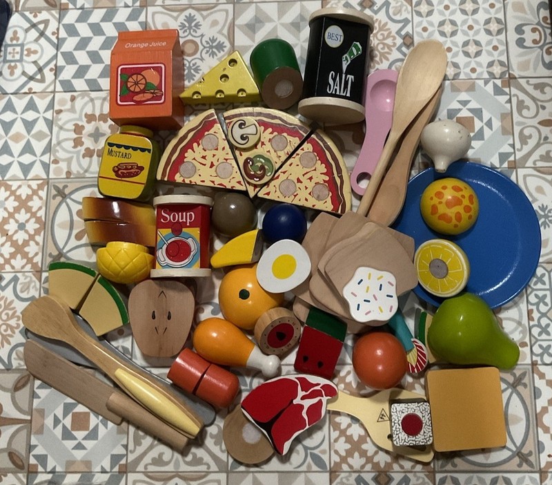 Pretend Play Wooden Food Set/ Fruits/Vegetables & Utensils Approx 50 pcs