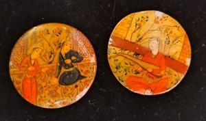 2 Vintage Persian/Iran Storyteller Hand Painted Round Abalone Shell Rare