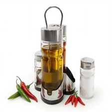 4Pc Condiment Set Caddy Glass Cruet Set Oil Vinegar Dispenser Salt Pepper Shaker