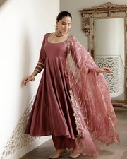 Banarasi Dusty Rose Pink Long Gown Set In Roman Simmer Silk With Fancy Sleeves
