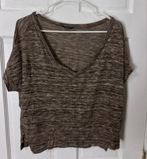 Tres Bien Deep V-Neck Top Short Sleeve Dolman Marled Knit Fits M/L Brown Black
