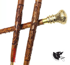 Vintage Fancy Hand Carved Walking Stick Wooden Cane Victorian Brass Handle
