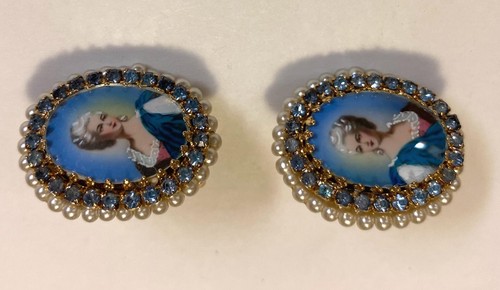 Vintage signierte HOBE handbemalte Kamee Portrait F Perle Strass Clip Ohrringe - Bild 11 von 13