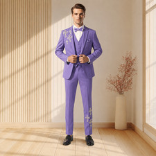 Men  s Lavender Purple 3 Piece Suit Embroidered Wedding Prom Formal Groom Tuxedo