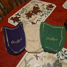 Vintage Crown Royal Bottle Bags Covers Purple, Green, & Tan Felt 7”